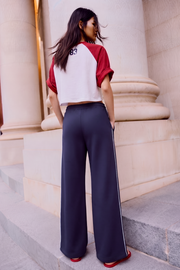 Women Wide-leg Plush Trouser With Trim Detail - Navy Blue