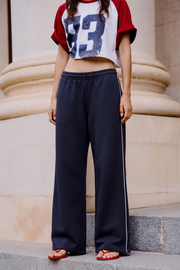 Women Wide-leg Plush Trouser With Trim Detail - Navy Blue