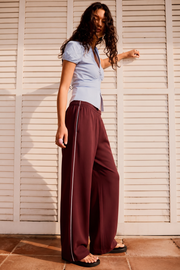 Women Wide-leg Plush Trouser With Trim Detail - Maroon