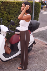 Women Wide-leg Plush Trouser With Trim Detail - Mocha