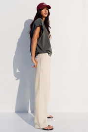 Women Wide-leg Plush Trouser With Trim Detail - Oat Milk