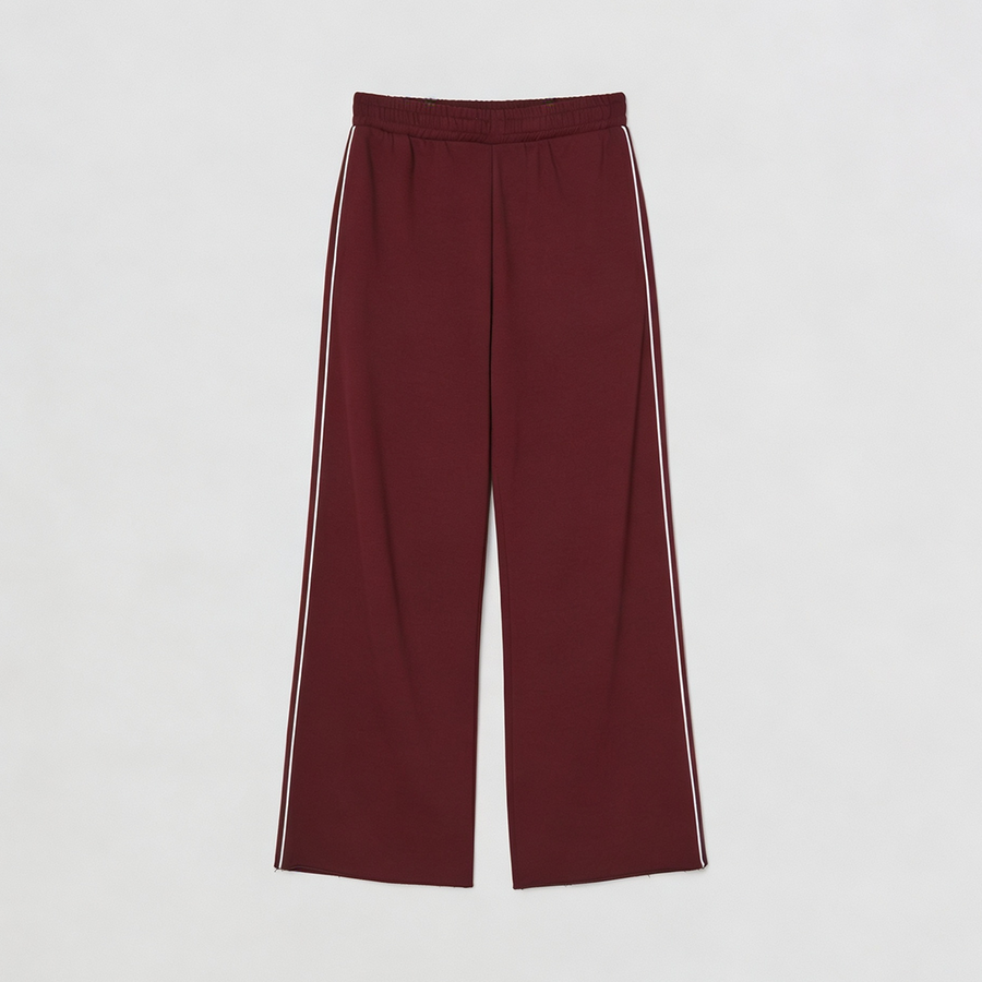 Women Wide-leg Plush Trouser With Trim Detail - Maroon