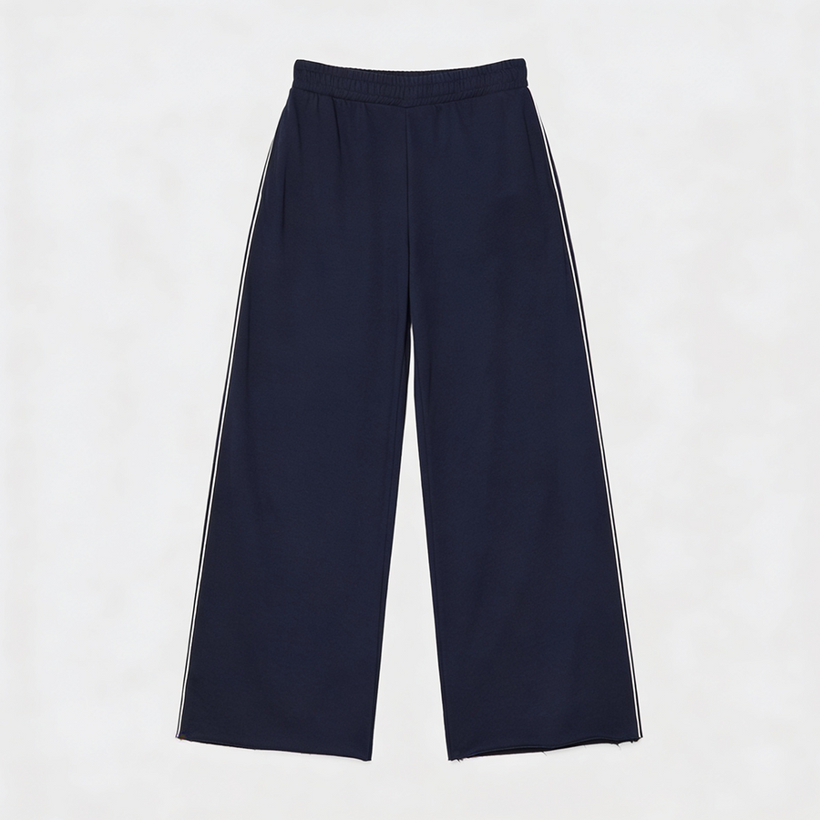 Women Wide-leg Plush Trouser With Trim Detail - Navy Blue