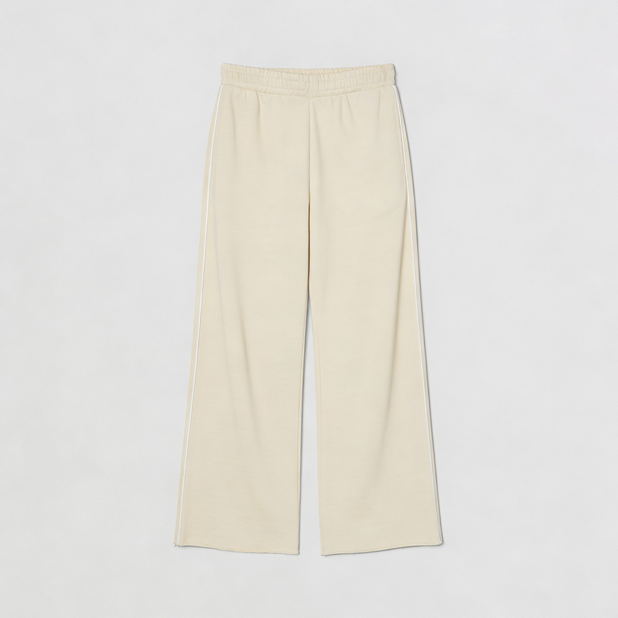 Women Wide-leg Plush Trouser With Trim Detail - Oat Milk
