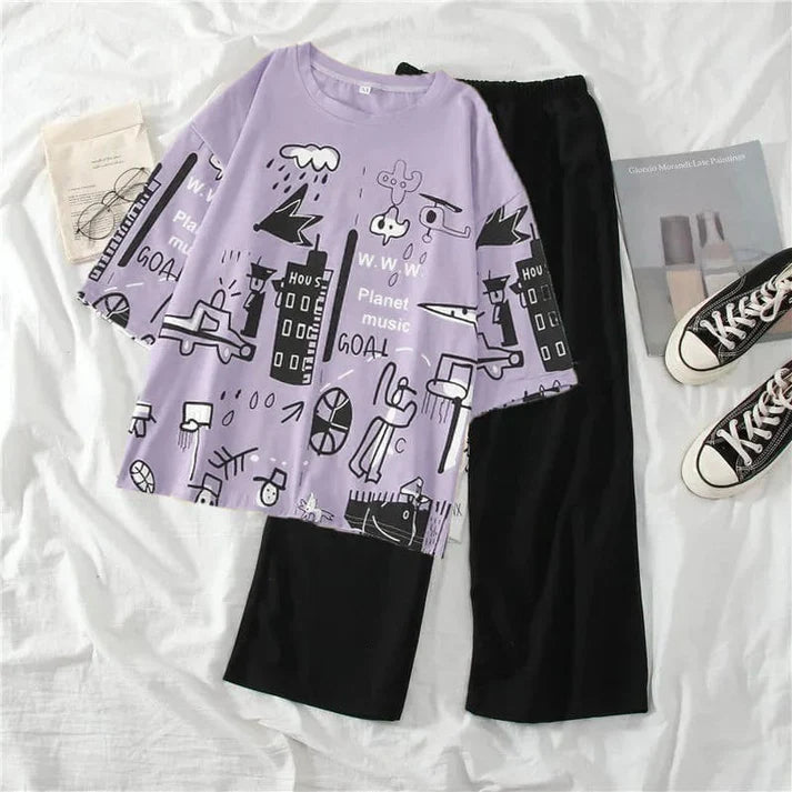 Purple Planet Printed Night Suit